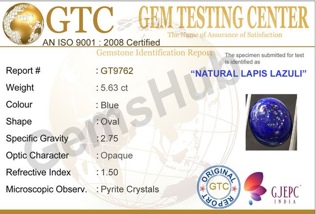 5.63 ct Natural Certified Lapis Lazuli (Lajwart)